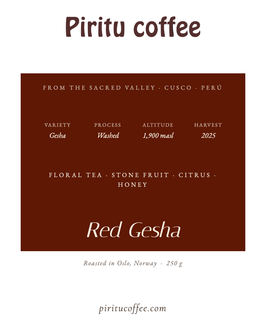 Red Gesha Microlot - Cup of Excellence Peru (250g, 91+ SCA)