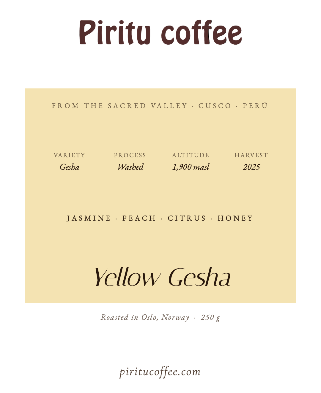 Yellow Gesha Microlot - Cusco, Peru (250g, 91.2 SCA)