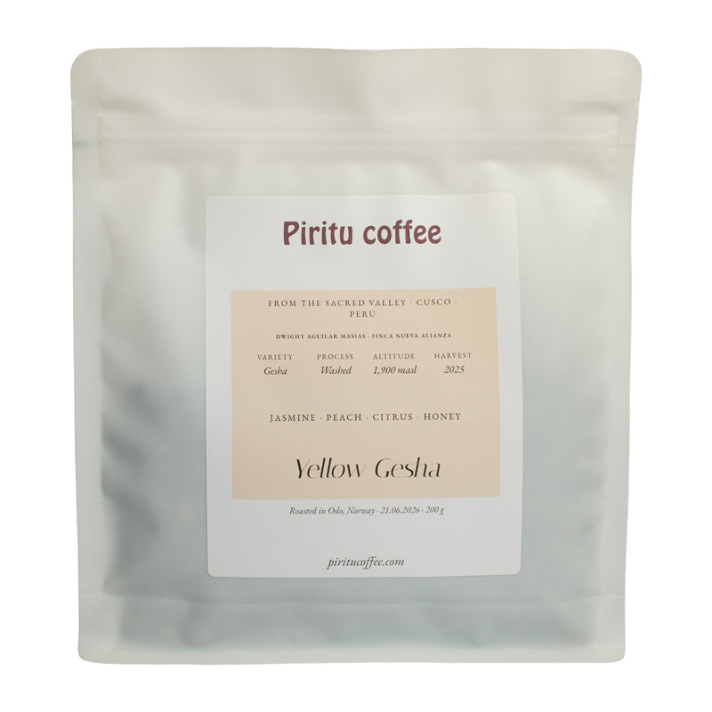 Piritu Coffee Yellow Gesha – washed specialty coffee from Cusco, Peru, 200 g bag with jasmine, peach, citrus and honey notes