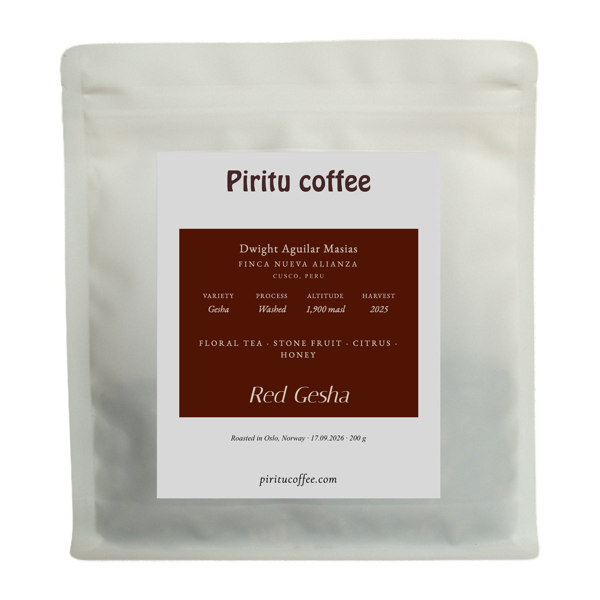A bag of washed Red Gesha from Finca Nueva Alianza, Cusco, Peru