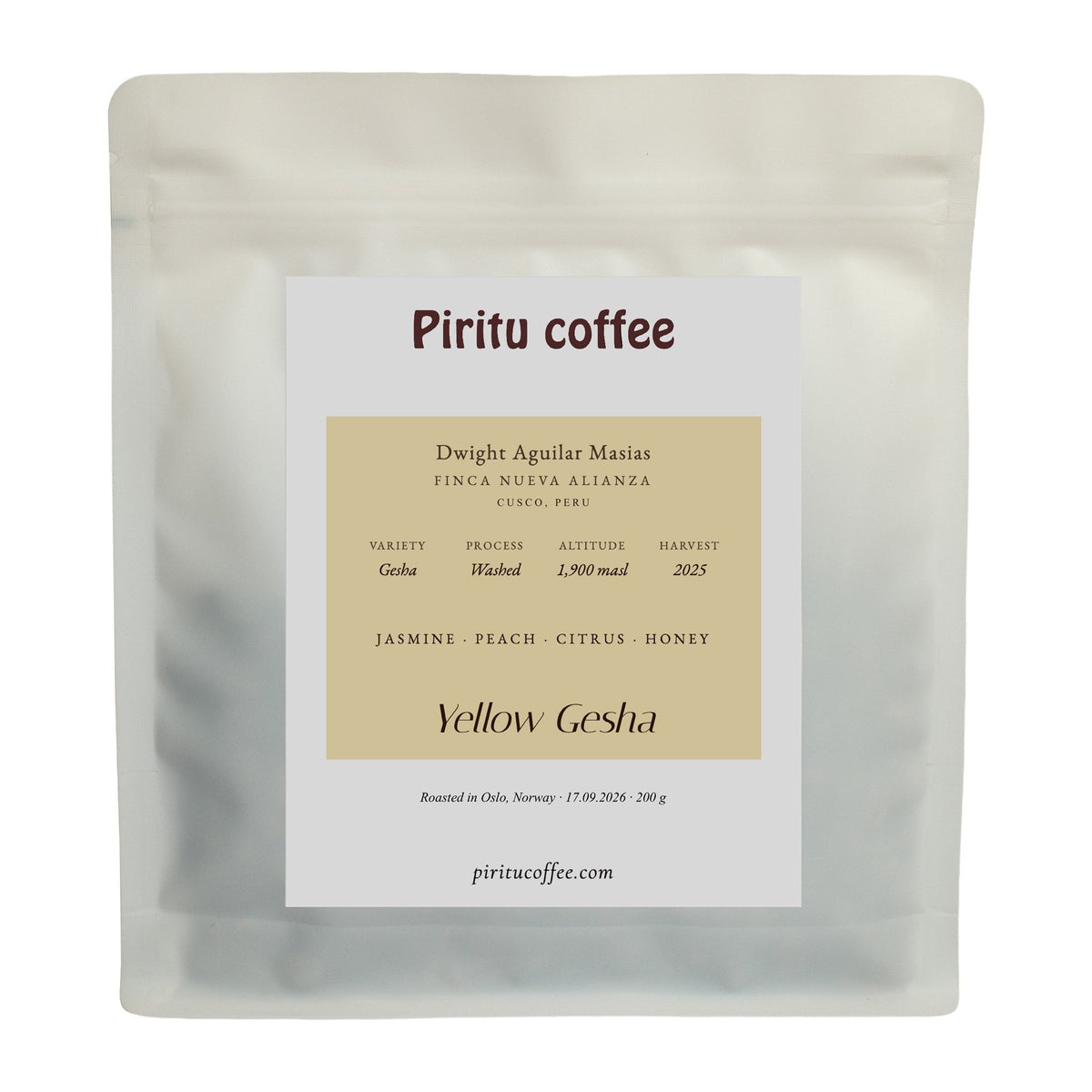 A bag of Yellow Gesha from Finca Nueva Alianza, Cusco, Peru