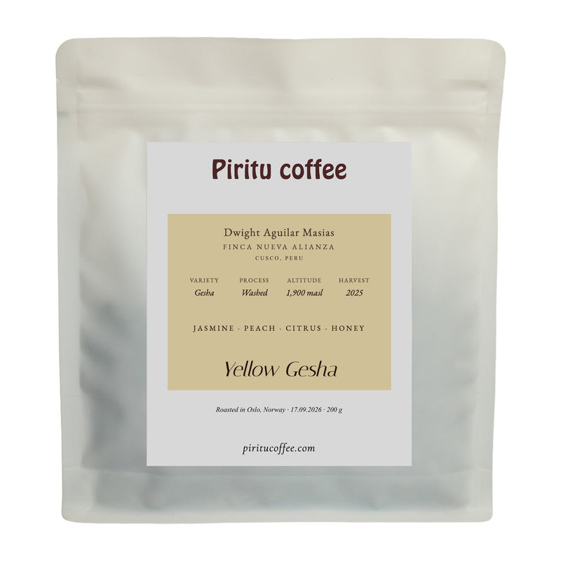 A bag of Yellow Gesha from Finca Nueva Alianza, Cusco, Peru