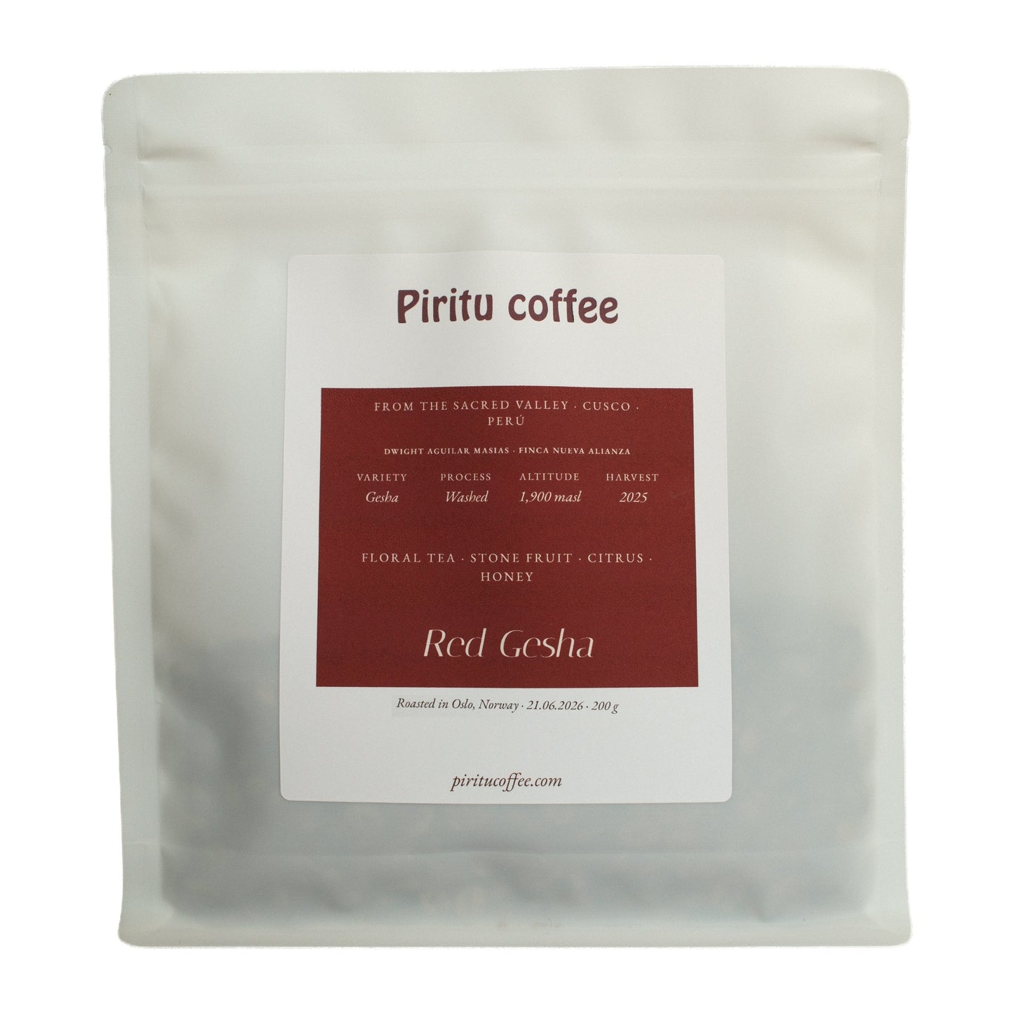 Piritu Coffee Red Gesha – washed specialty coffee from Cusco, Peru, 200 g bag with floral tea, stone fruit, citrus and honey notes