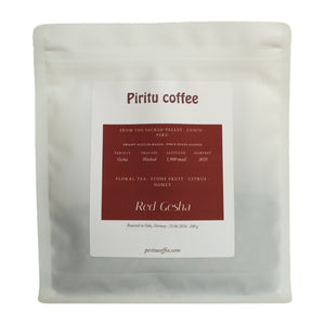Piritu Coffee Red Gesha – washed specialty coffee from Cusco, Peru, 200 g bag with floral tea, stone fruit, citrus and honey notes