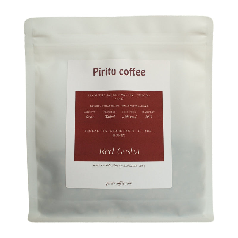 Piritu Coffee Red Gesha – washed specialty coffee from Cusco, Peru, 200 g bag with floral tea, stone fruit, citrus and honey notes