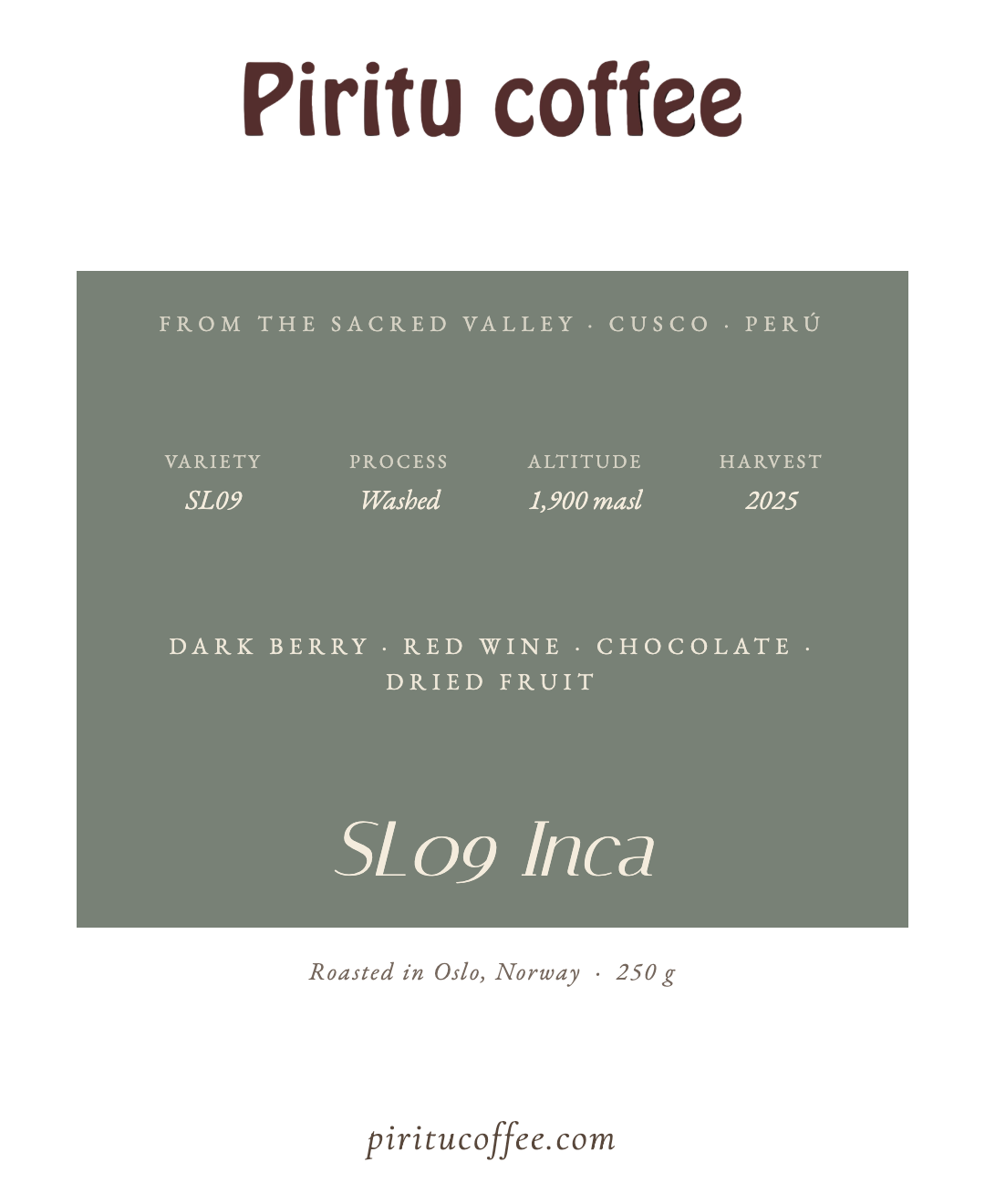 SL09 Inca Microlot - Cusco, Peru (250g, 89+ SCA)
