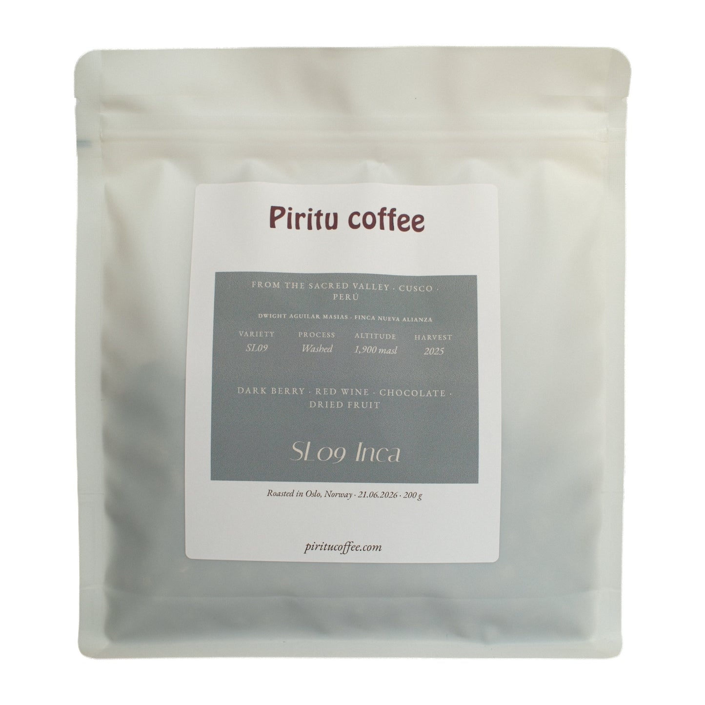 Piritu Coffee SL09 Inca – washed specialty coffee from Cusco, Peru, 200 g bag with dark berry, red wine, chocolate and dried fruit notes