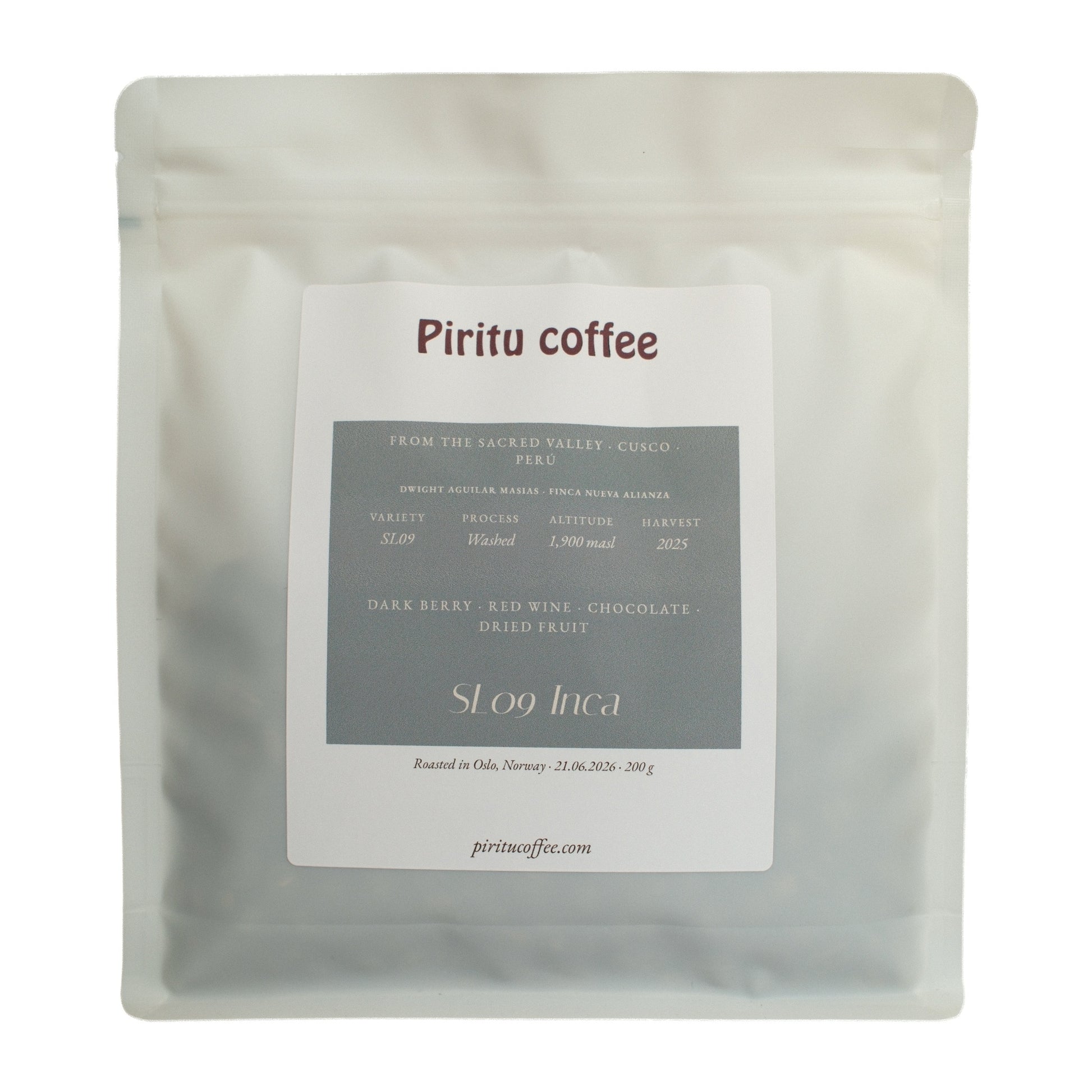 Piritu Coffee SL09 Inca – washed specialty coffee from Cusco, Peru, 200 g bag with dark berry, red wine, chocolate and dried fruit notes