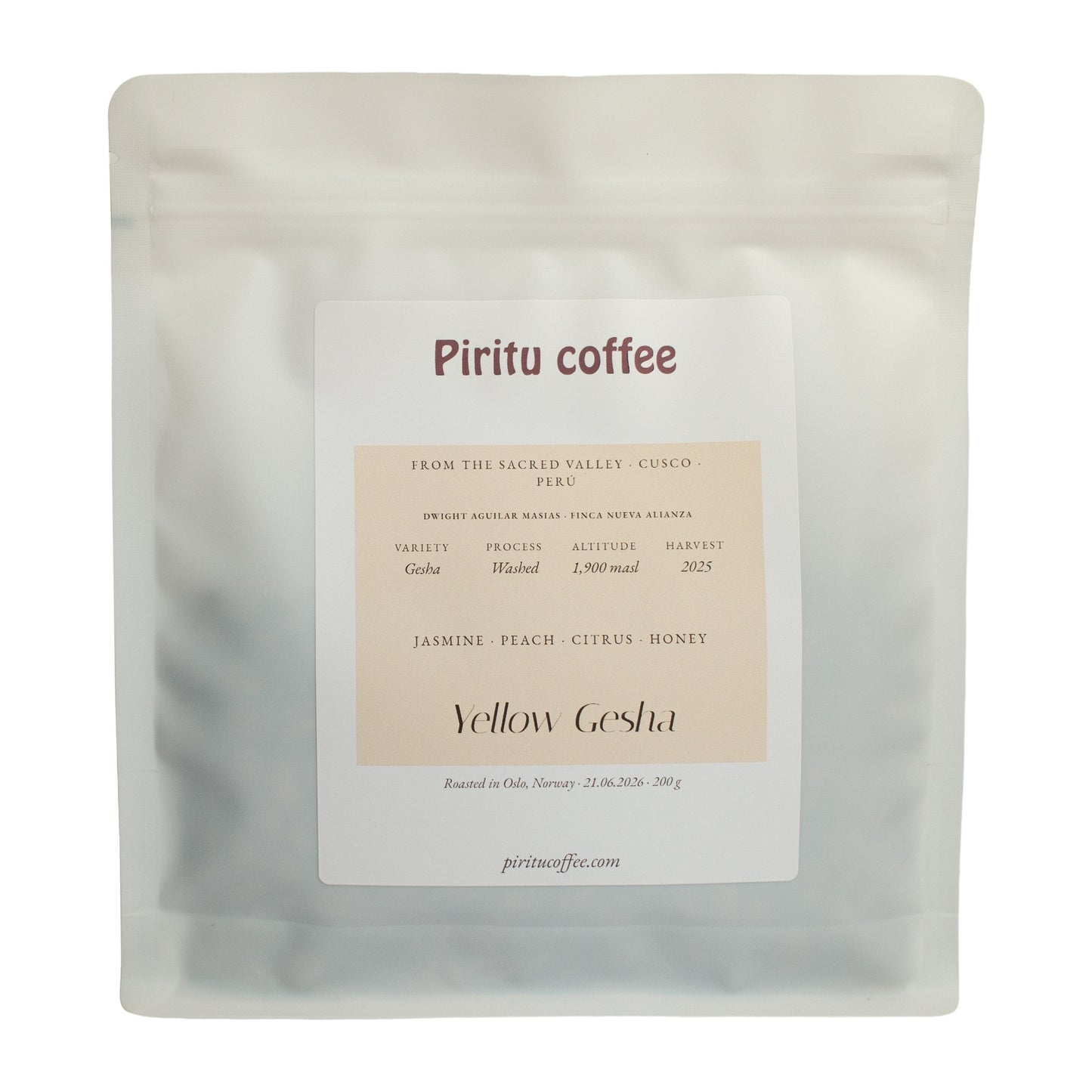 Piritu Coffee Yellow Gesha – washed specialty coffee from Cusco, Peru, 200 g bag with jasmine, peach, citrus and honey notes
