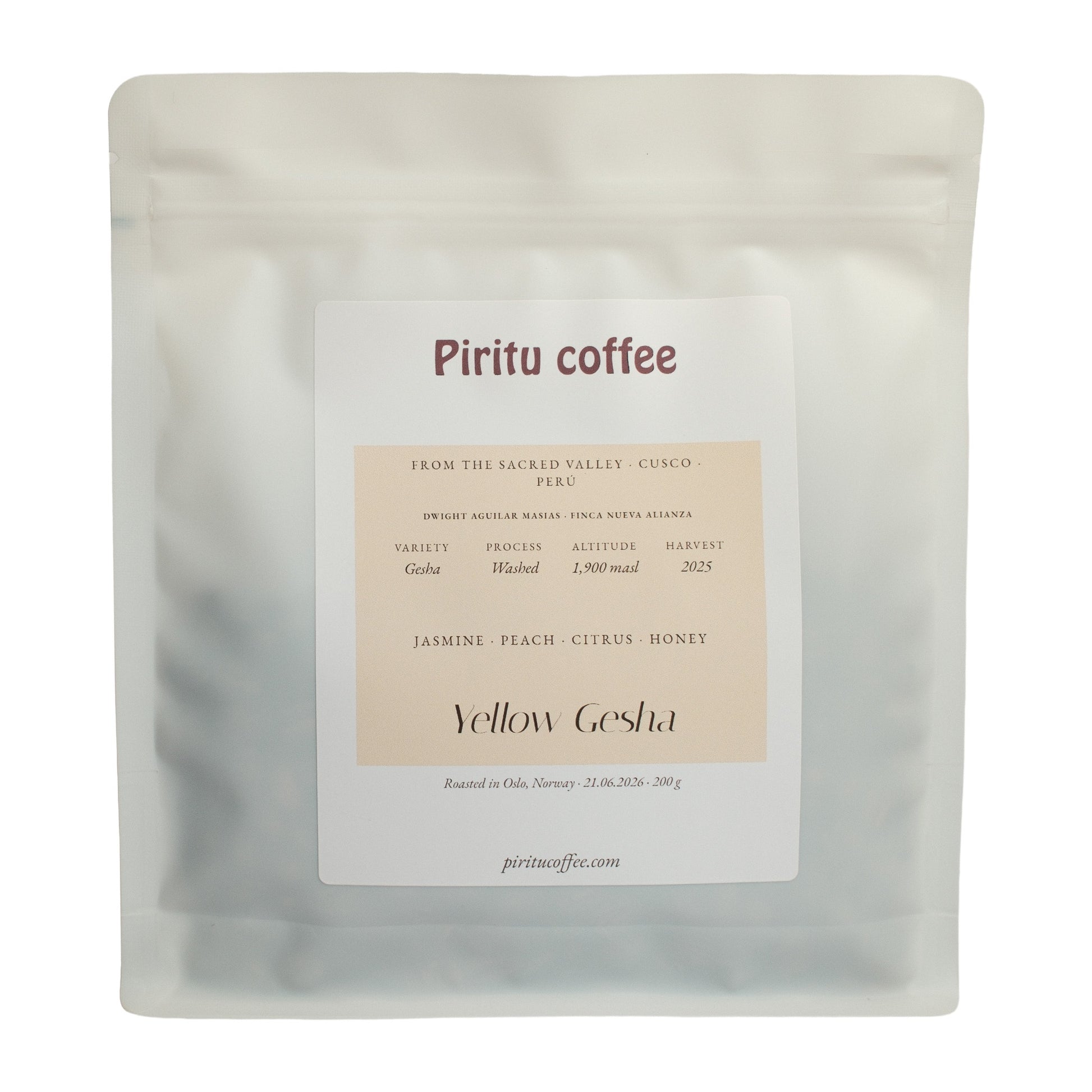 Piritu Coffee Yellow Gesha – washed specialty coffee from Cusco, Peru, 200 g bag with jasmine, peach, citrus and honey notes