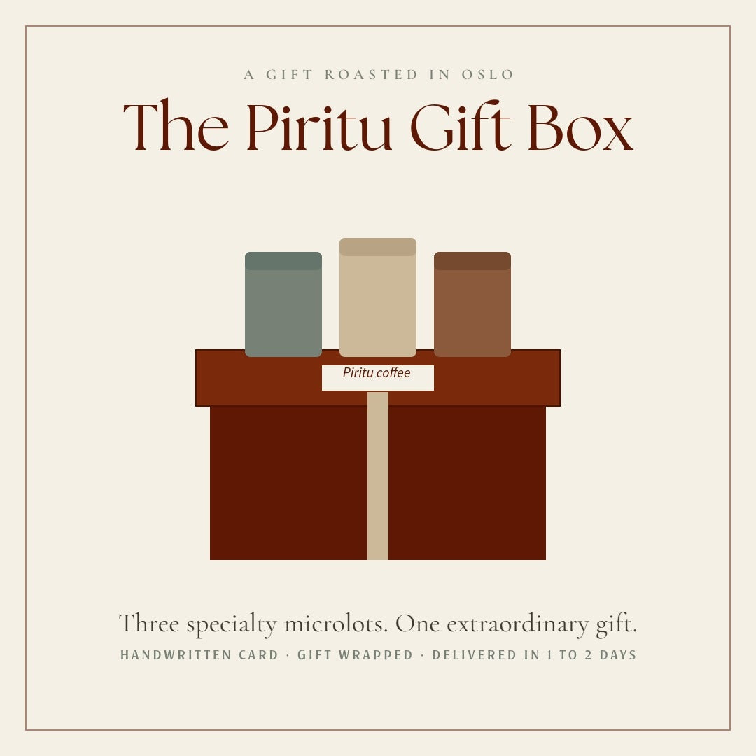 Illustration of the Piritu Gift Box with three coffee bags standing behind it