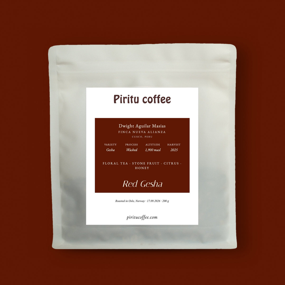 Red Gesha coffee bag from Piritu Coffee on its label colour