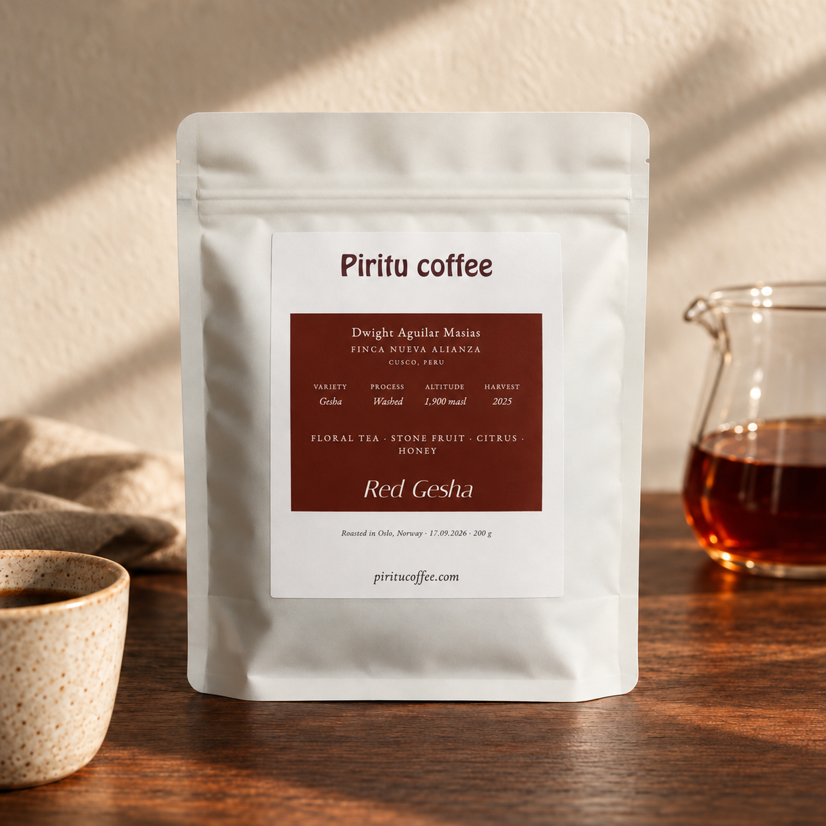 Red Gesha from Cusco, Peru, 200 g bag with a cup of filter coffee