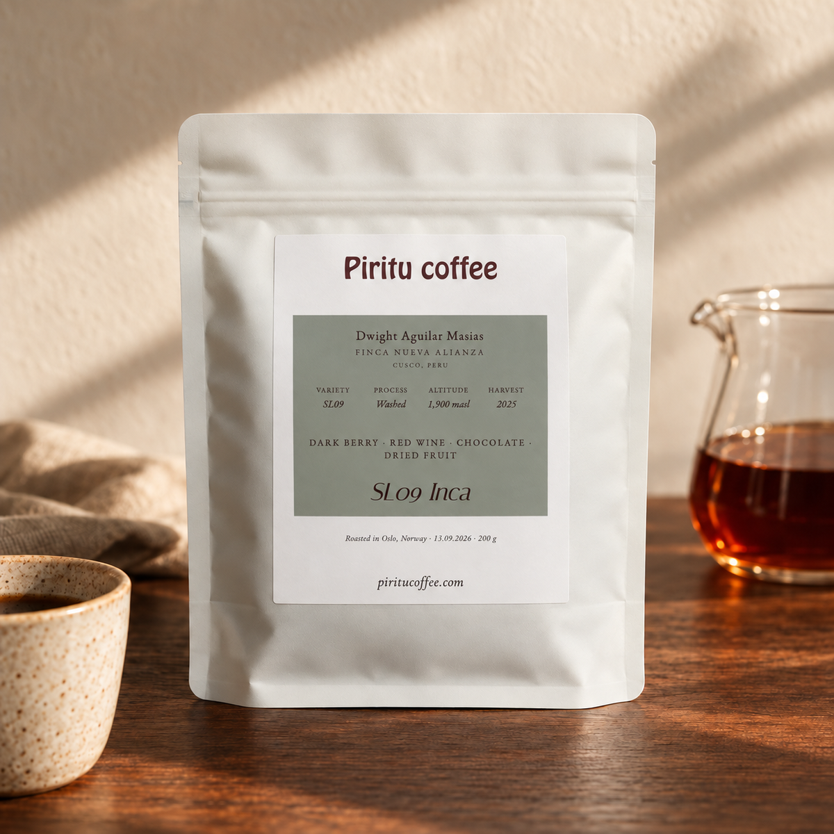SL09 Inca from Cusco, Peru, 200 g bag with a cup of filter coffee