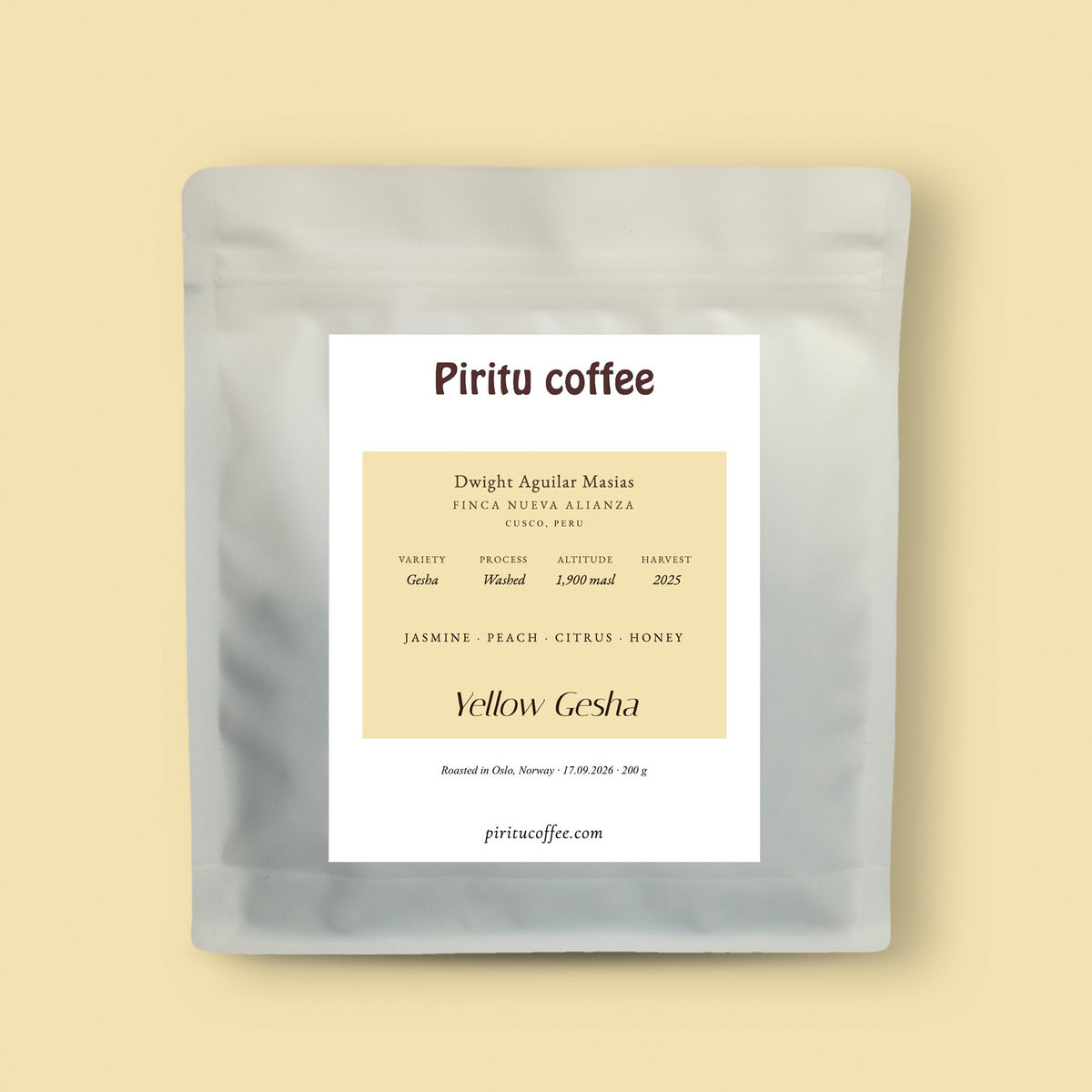 Yellow Gesha coffee bag from Piritu Coffee on its label colour