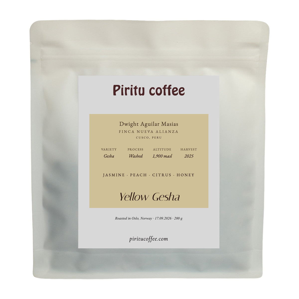 Yellow Gesha 200 g bag from Finca Nueva Alianza, Cusco, Peru